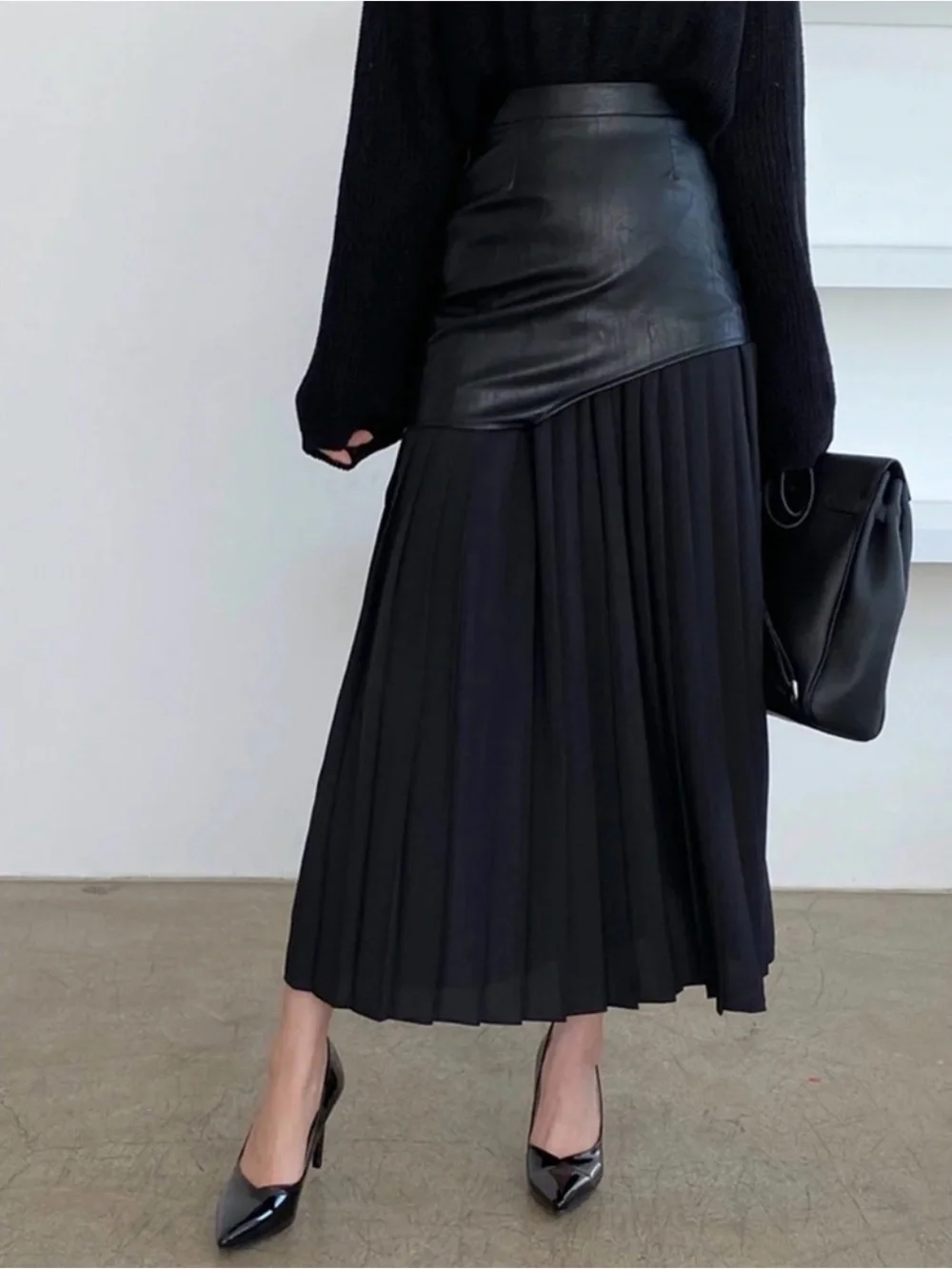 Asymmetric Patchwork Faux Leather Chiffon Midi Skirt Size M